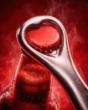 Cold beer bottle opening with metal opener and condensation on dramatic red background