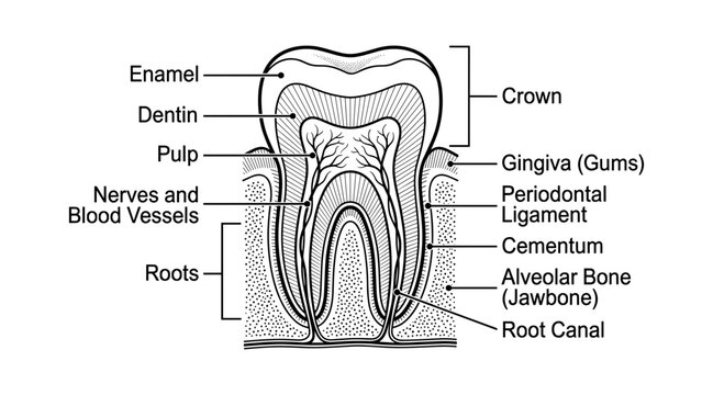 Tooth Diagram Illustrating Dental Anatomy with Labeled Parts Like Enamel, Crown, Pulp, Roots, and Periodontal Ligament.