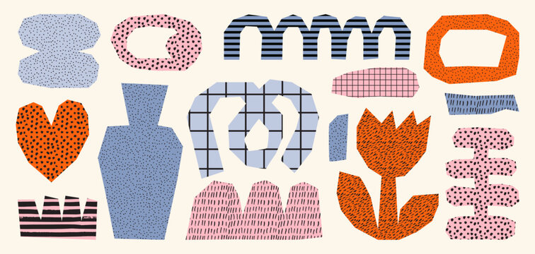 Trendy vector abstract cut out pieces with texture. Paper cutouts. Hand drawn modern design for card, print on clothes. Floral modern set. Creative collage with naive shapes on white background.