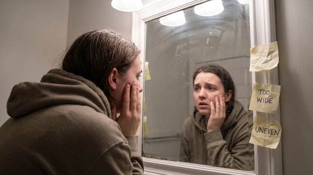 Young Adult Experiencing Body Dysmorphic Disorder While Examining Facial Appearance Closely in Bathroom Mirror With Visible Anxiety