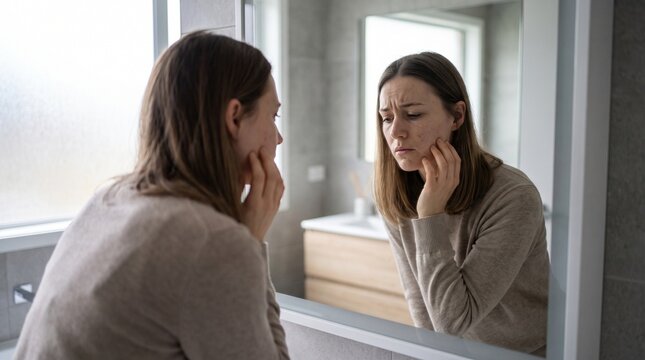 Young Adult Experiencing Body Dysmorphic Disorder, Standing Alone in a Modern Bathroom and Closely Examining Their Facial Appearance in a Mirror, Subtle Worried Expression, Anxious Body Language