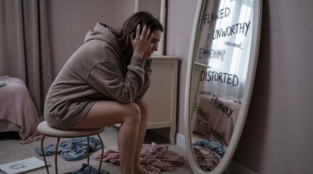 Woman Experiencing Body Dysmorphic Disorder While Sitting Before Bedroom Mirror and Struggling With Negative Thoughts About Appearance