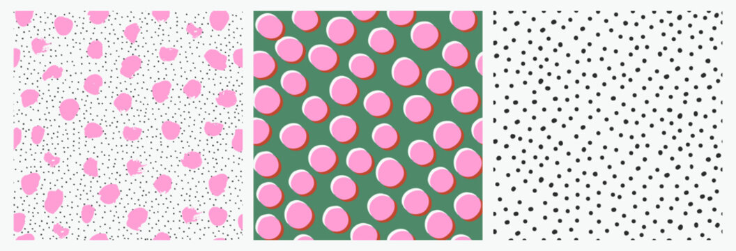 Collection of seamless polka dot backgrounds with varied spot arrangements, scales, textures, palettes, and compositions. Retro decorative assortment for textiles, branding, packaging, crafts, prints.