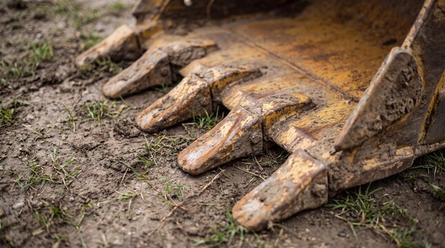 Close-up of a dirty yellow excavator bucket with sharp teeth on muddy construction site ground