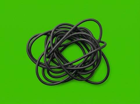 Tangled Black Charging Cable Isolated on Solid Green Background