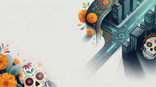 Modern cyberpunk city street merging with traditional mexican holiday symbols and marigold flowers