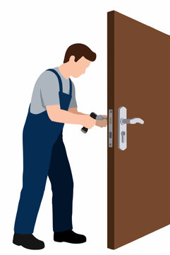 Hand-traced isometric vector illustration of a professional locksmith fitting and installing a new silver door lock handle on a brown wooden door, flat modern design, clean minimal style