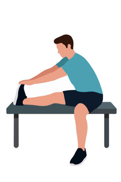 Hand-drawn vector illustration of a man stretching his hamstrings while seated on a flat gym bench, wearing athletic shorts, a teal t-shirt, and black sneakers, perfect for fitness and wellness