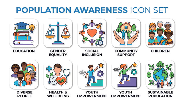 Set of colorful icons representing population awareness and social development concepts.