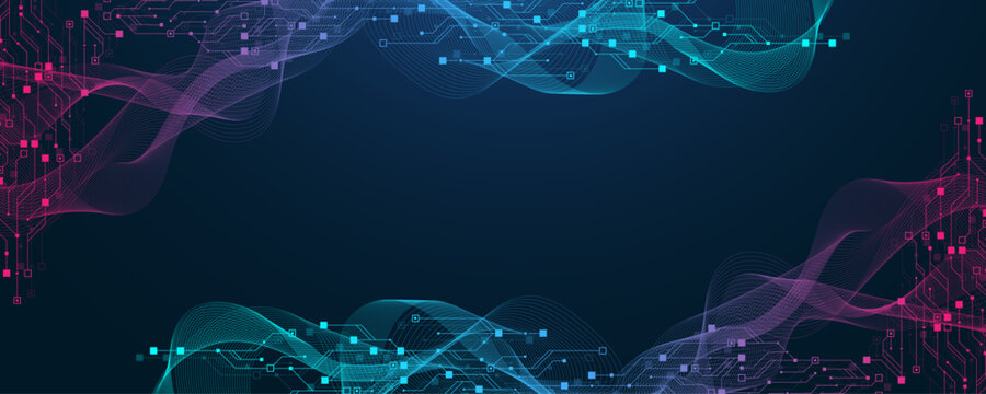 Abstract blue technology background with glowing circuit line pattern. Futuristic vector motherboard texture elements and digital data flow. Modern tech innovation concept.