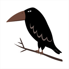 Naklejka premium Black crow sitting on a branch. Cute raven character for Halloween party card, spooky sticker, kids print or decoration. Vector illustration