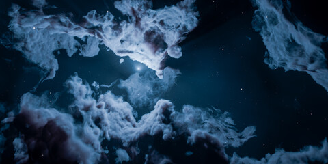 Expansive outer universe setting featuring brilliant shining celestial body partly hidden behind thick dark azure atmospheric cluster formations in night sky, 3d illustration © Celt Studio