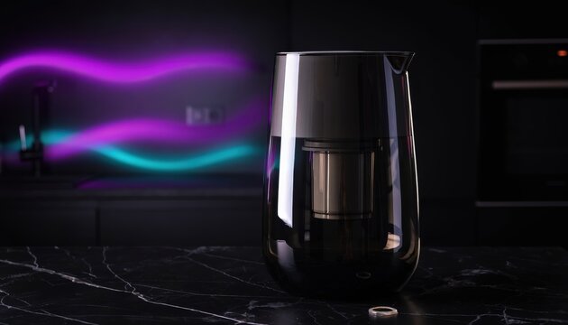 Modern smart home air purifier on dark kitchen counter with neon ambient lighting