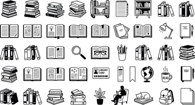 Line Art Library and Reading Vector Icon Set Featuring Book Stacks, Open Textbooks, Bookshelves, Study Lamps, and Education Symbols for Literary Graphic Designs
