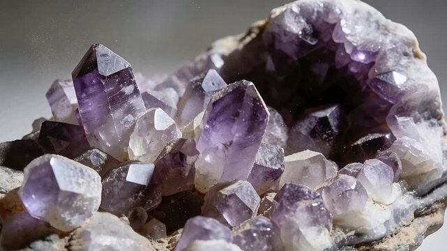 Panning camera right toward amethyst geode cluster at studio, showing zoning, matrix, facets