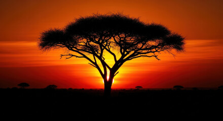 Fototapeta premium Acacia tree silhouette against fiery African savanna sunset with vibrant orange and red sky.
