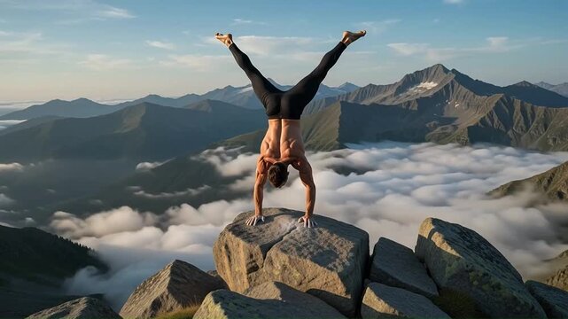 Athletic man performing a handstand on a mountain peak above clouds
