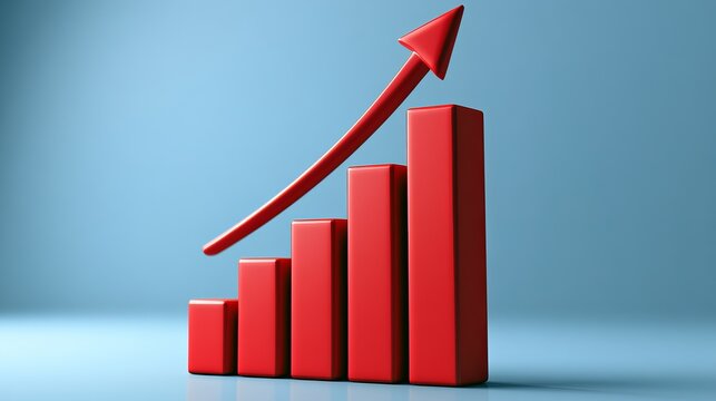 Rising red arrow pointing upwards from a bar graph, demonstrating growth and success concept for business, finance, and positive market trends
