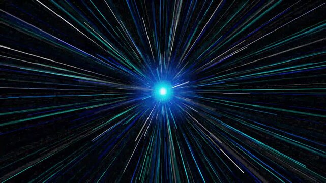 Hyperspace tunnel exhibits fast moving blue star streaks streaming outward from a bright central focal point during interstellar travel.