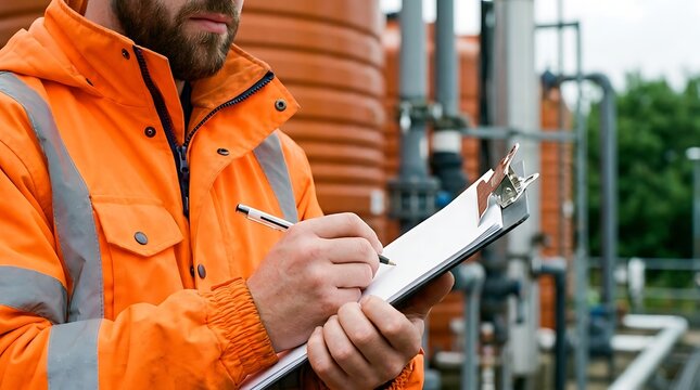 Industrial worker in high visibility orange safety jacket writing inspection report on clipboard near large storage tanks at modern water treatment plant facility.