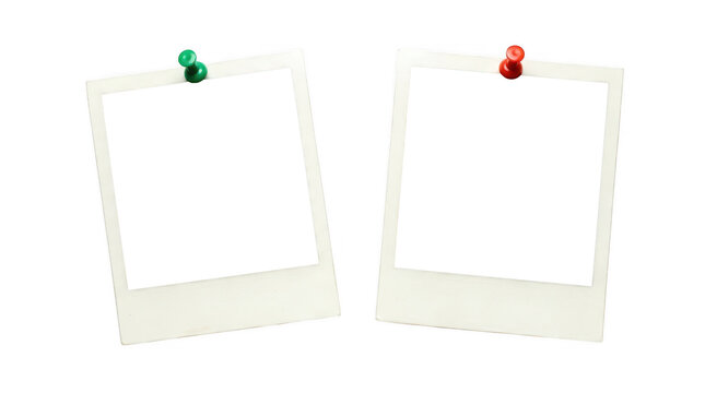 Set of two blank instant photo frames with push pins isolated on transparent background