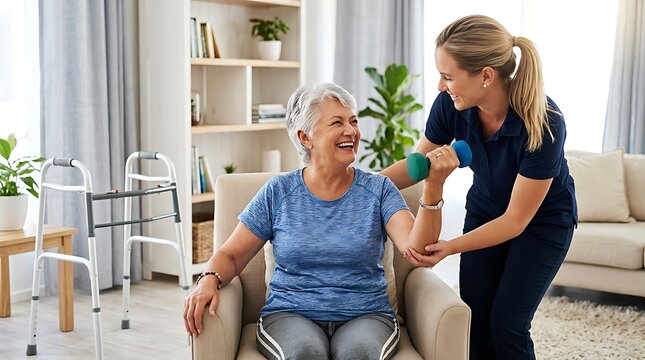Senior woman seated on armchair lifting dumbbell during rehabilitation session guided by friendly female therapist with mobility walker nearby in cozy home setup.