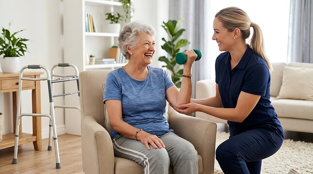 Smiling mature lady lifting green dumbbell with support of caring physical therapist kneeling beside chair in bright modern interior with medical walker nearby.