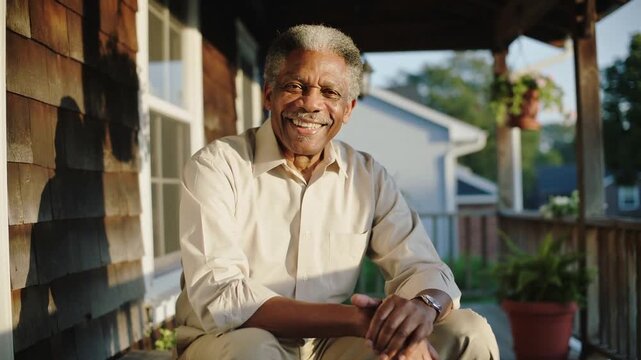 Shifting senior man on porch bench, sun falling on face, responding to camera in beige shirt