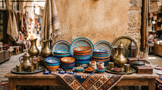 ceramic bowls in turkish bazaar with traditional pottery and brassware