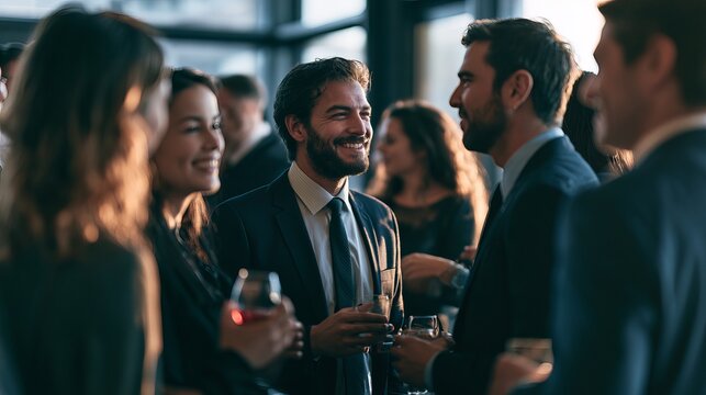 Smiling businesspeople converse intently within a blurred, upscale event, representing networking and professional collaboration in a modern setting