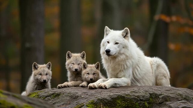 Arctic wolf family resting on a rock in a forest, autumn, close-up