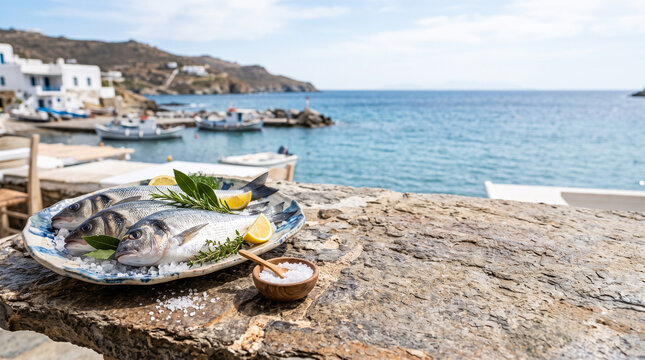 fresh fish on stone table with sea view and fishing boats