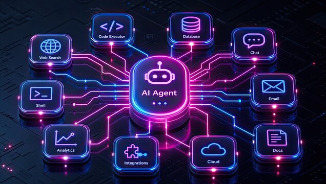Central ai agent hub connected to network nodes including database web search code executor and analytics icons for distributed intelligent digital ecosystem.