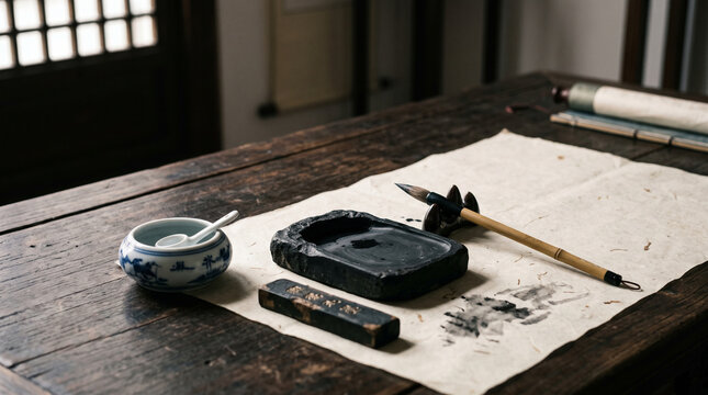 chinese ink painting still life with calligraphy brush and inkstone on wooden desk