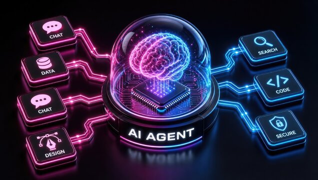 Futuristic ai agent brain processor under glass dome connected to neon pink and blue menu button icons representing chat data secure code search and design.