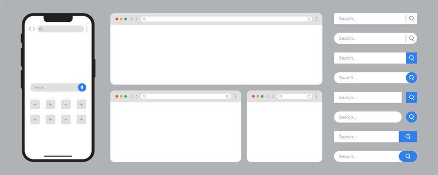 Browser and Search Bar UI Kit. Smartphone Website Interface, Blank Browser Windows, Address Bar, Search Box, and Web Navigation Templates. Flat Vector Illustration.