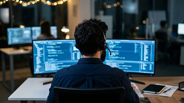 Dedicated programmer wearing headset sitting at desk late at night typing code on dual display screens while troubleshooting system bugs in dark office workspace.
