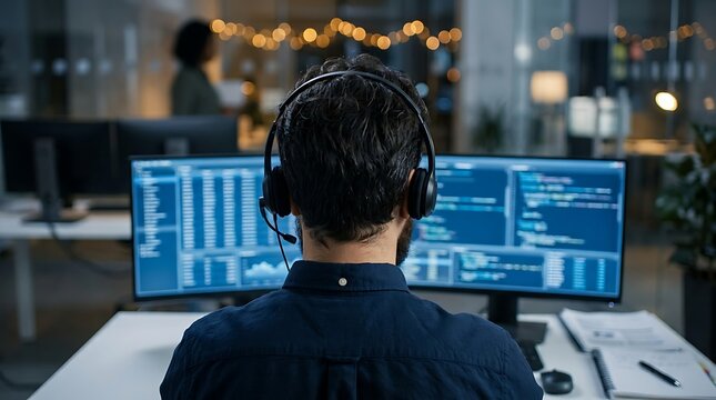 Over the shoulder view of programmer wearing headset working on a curved monitor displaying code and data analysis in modern office at night.