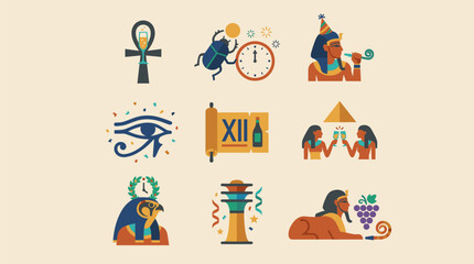 Fototapeta premium Ancient Egyptian icons: ankh, scarab, pharaoh, eye of horus, scroll, pyramid, falcon, obelisk, sphinx, grapes, flat design