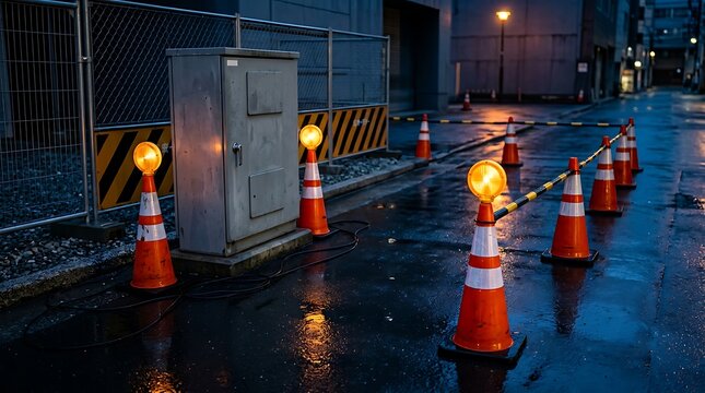 Glowing warning lamps on bright orange safety pylons stand beside electric cabinet on damp dark city road marking off restricted construction zone after heavy rain.