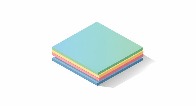 Isometric stack of colorful square layers forming a digital application tower on white background, representing data storage and software design