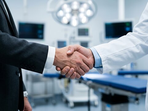 Doctor in white coat shaking hands with businessman wearing dark suit inside modern operating theater for medical healthcare partnership agreement and investment.