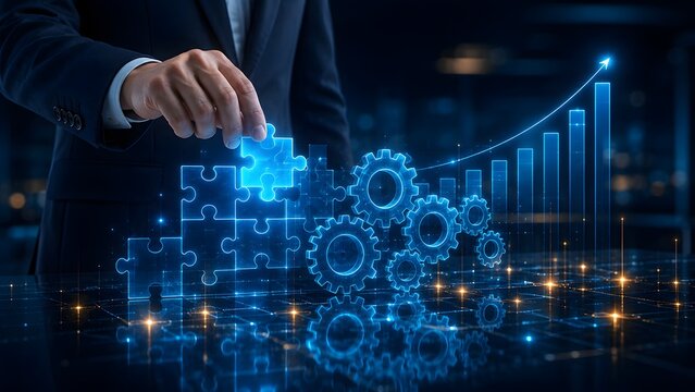 Businessman placing a glowing puzzle piece connecting to gears and a rising financial chart representing corporate strategy and operational growth