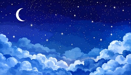 Fototapeta premium Cartoon-style illustration of a tranquil nighttime scene. Crescent moon shines above a starry sky, with fluffy, blue-toned clouds below