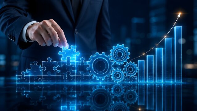 Businessman placing a glowing puzzle piece next to interlocking gears and a rising 3D financial chart representing mechanical synergy and corporate growth
