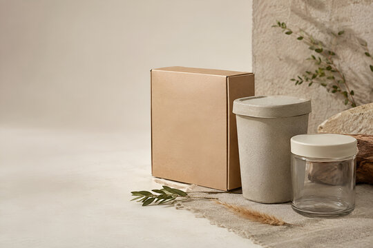 Sustainable Packaging with Recyclable Cardboard Box, Moulded Fibre Container and Reusable Glass Jar