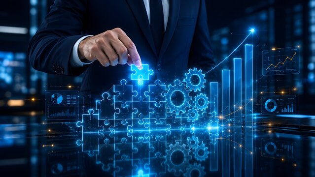 Businessman placing a glowing puzzle piece next to interlocking gears and a rising financial chart representing operational efficiency and strategic business growth
