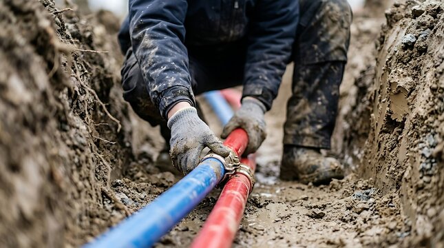 Construction technician connecting underground utility pipes with metal clamp inside muddy dirt trench for municipal water infrastructure network project work.