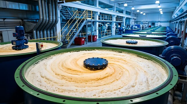 Industrial flotation cells with frothy mixture swirling, used in mining and mineral processing for separation of valuable ores from waste materials.