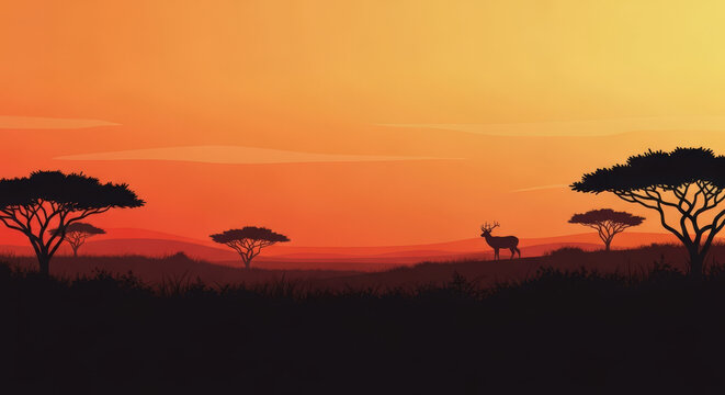 African Wildlife Silhouette with Deer and Trees Against Orange Sunset Dramatic Sunset Over African Savannah With Silhouette of Deer and Trees